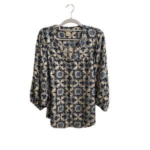 Lucky Brand Blue Floral Balloon Sleeve Button up Tunic Top Boho 2.0 Sz Small